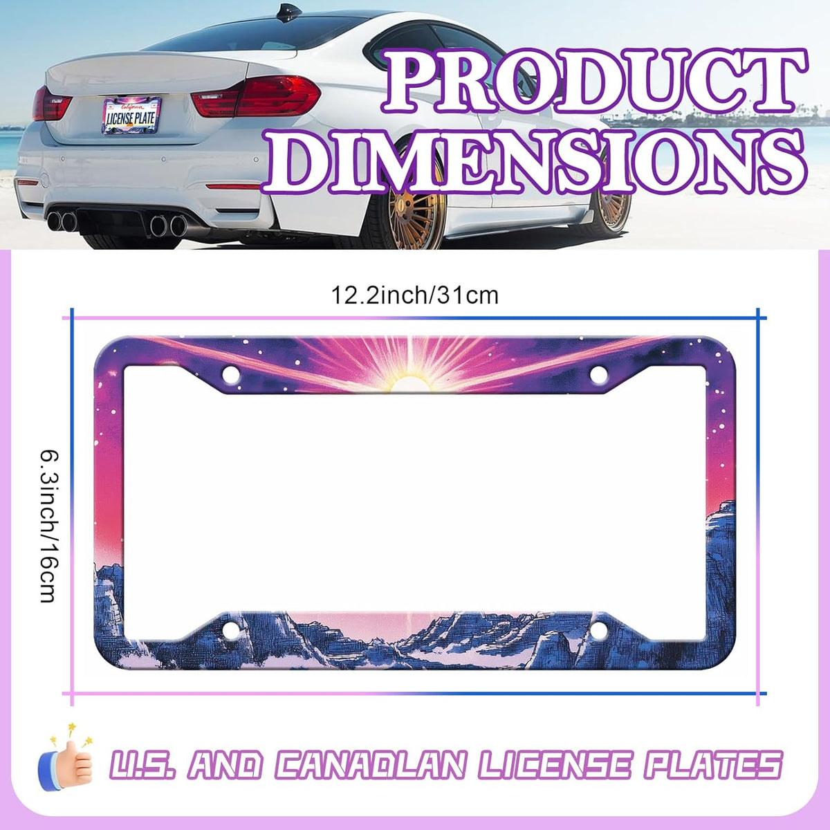 Sunset Mountain Anime License Plate Frames - 2 Pack Magic Colorful Stainless Steel License Plate Holder,Rust-Proof Waterproof Car Decorative Tag Frame with Screws Fasteners Caps