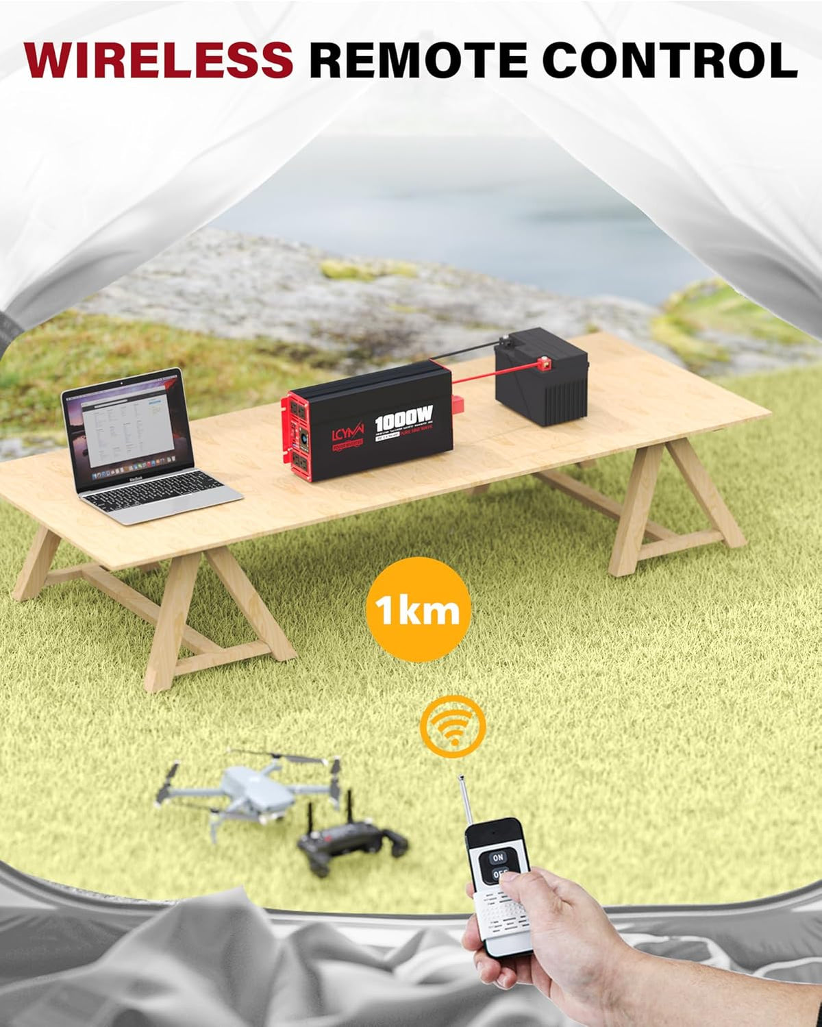 1000 Watts Pure Sine Wave Power Inverter 12V DC to 110V 120V AC Converter for Home RV Off Grid Truck Solar System Inverters with Type-C PD30W USB QC3.0 Port 2 AC Outlets LCD Display and Remote Control