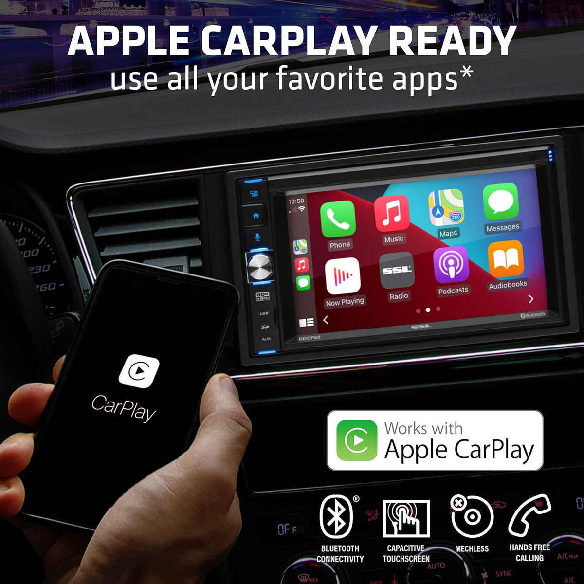 Sound Storm Laboratories DDCP62 Car Stereo - Apple CarPlay, Double Din, 6.2 Inch Capacitive Touchscreen, Bluetooth, No DVD CD Player, AM/FM Radio Receiver, Wireless Remote Control