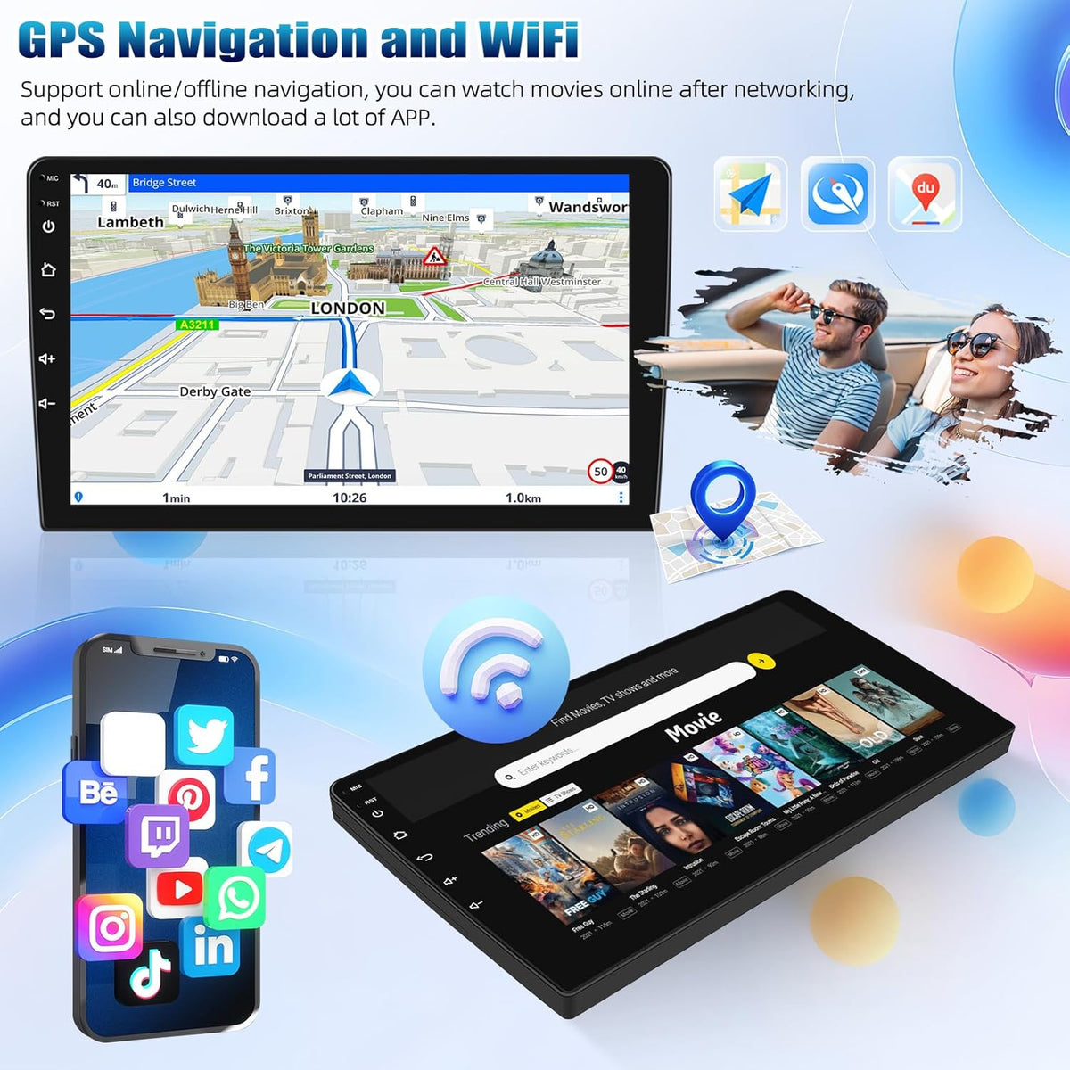 10.1Inch 2.5D HD Double Din Car Stereo Radio Receiver, Android Touch Screen MP5 Multimedia, Support GPS Navigation Bluetooth FM Radio+4 Led Lights Rear View Camera&Dual Mirror Link