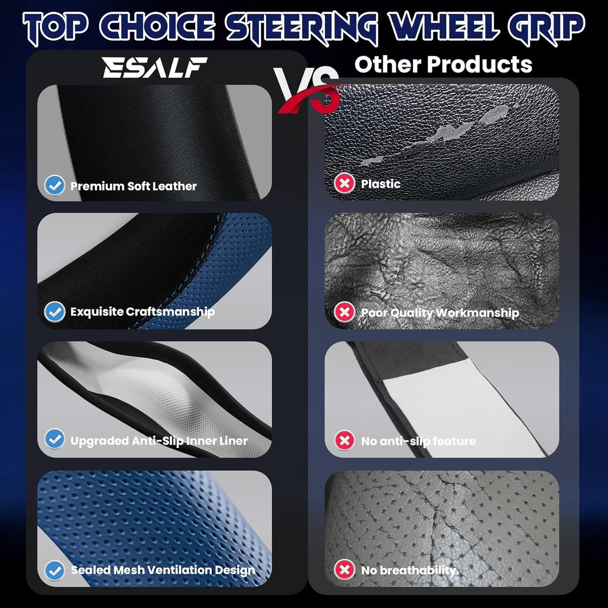 Soft Leather Steering Wheel Cover with Breathable Design and Anti-Slip Grip, Fully Compatible with Tesla, Toyota, Honda, Nissan 14.2-14.96 inch Round Steering Wheel（Sedans and SUVs）