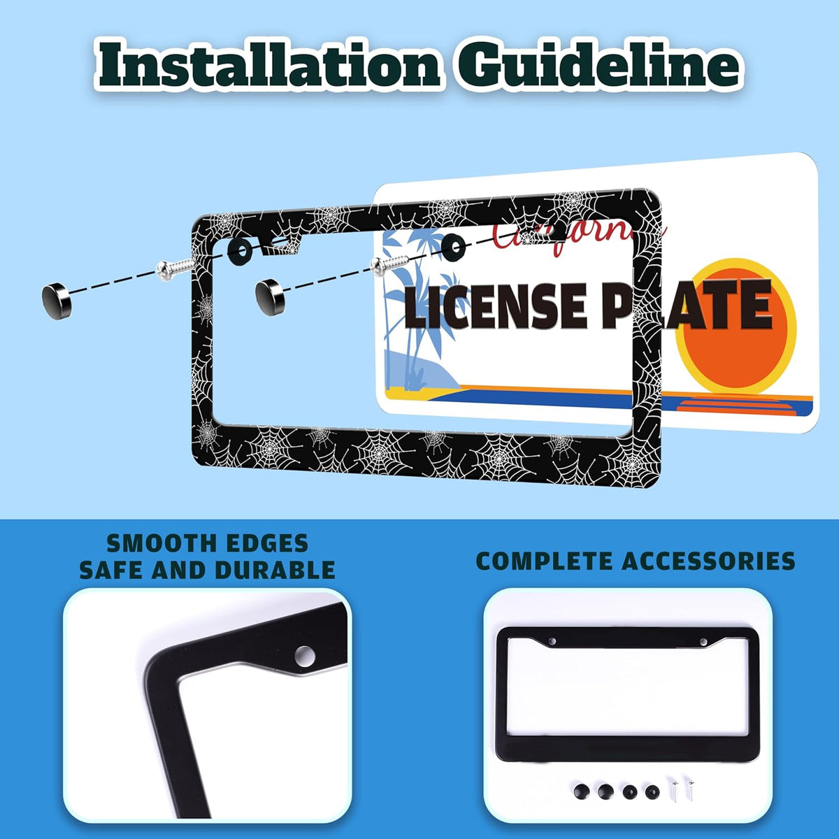 Spider Web License Plate Frame Gothic Style License Plate Holder Halloween for Front or Rear Car Tags Reusable Stainless Steel Funny Car Decoration with Screws 6.3 X 12.2 in
