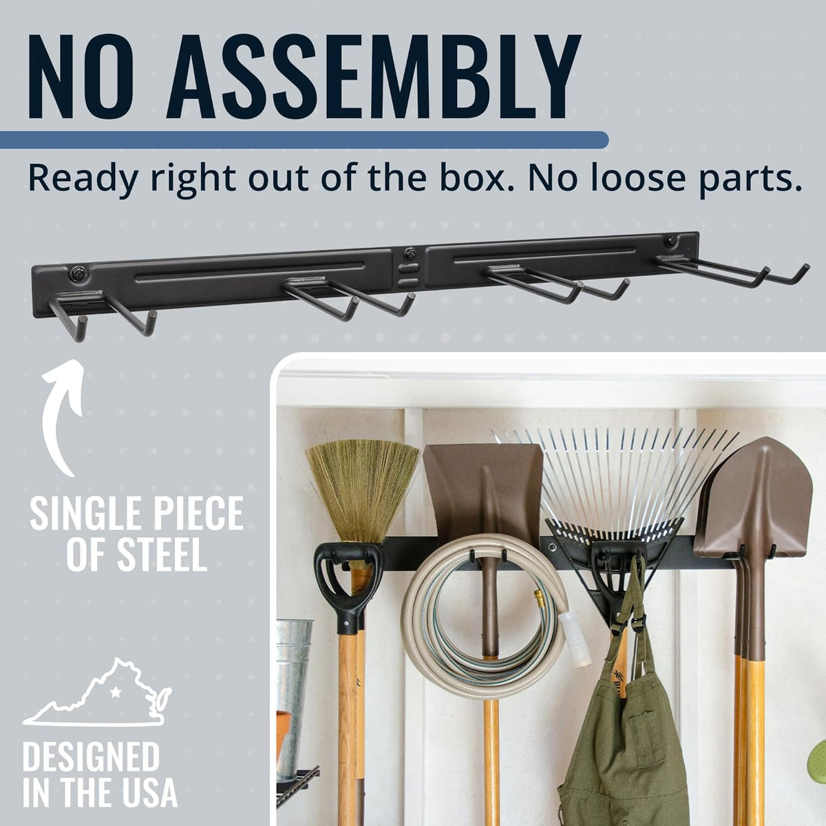 StoreYourBoard Wall-Mounted Rack With 4 Garage Hooks, Gray – Heavy-Duty Steel Holder Garage & Garden Storage for Shed, Workshop, or Home Organization – For Rakes, Shovels, Tools & More – 1 Pack, Gray