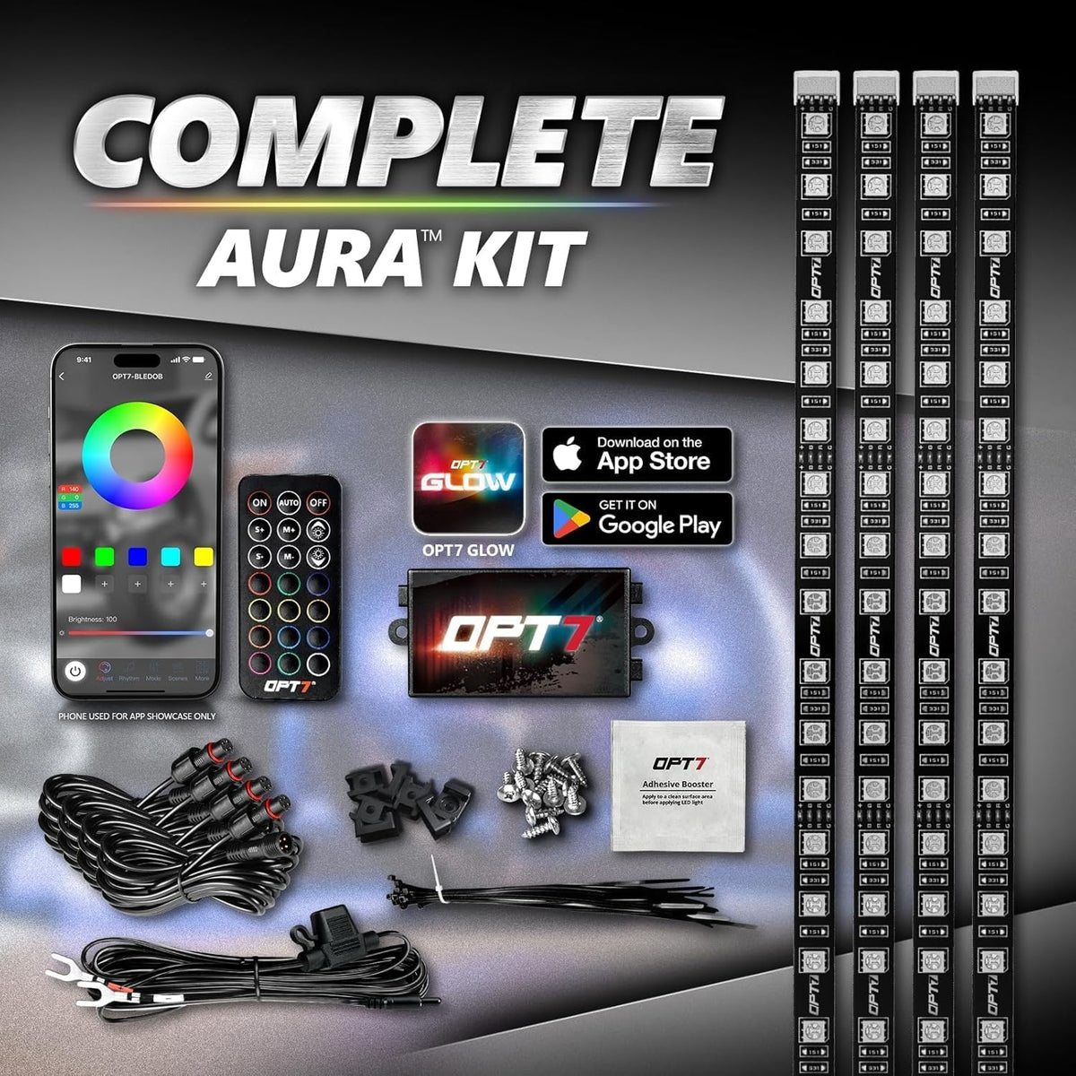 OPT7 Aura Pro RGB LED Grille Lights with App & Remote Control, 4pc 24" Light Strips, Waterproof Front Grill Lighting, Music Sync, Multi-Color, Trucks Decor Accessories for Tacoma Tundra 4Runner