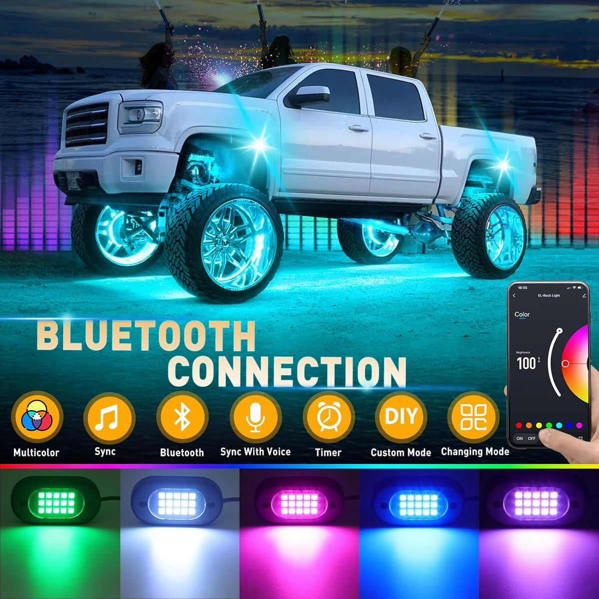 LED Rock Lights for Trucks 4 pods, RGB Rock Lights for UTV with Music Mode, Neon Rock Light Kits for UTV ATV Golf Cart Four Wheeler RZR Truck