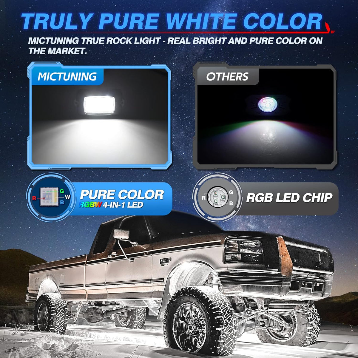 MICTUNING Q1 RGBW Rock Lights, 4 Pods Pure Color Underglow Neon Multicolor Lighting with Wiring Switch Kit, Bluetooth Controller, Remote Control, Music Mode for Trucks Car ATV UTV Golf Cart