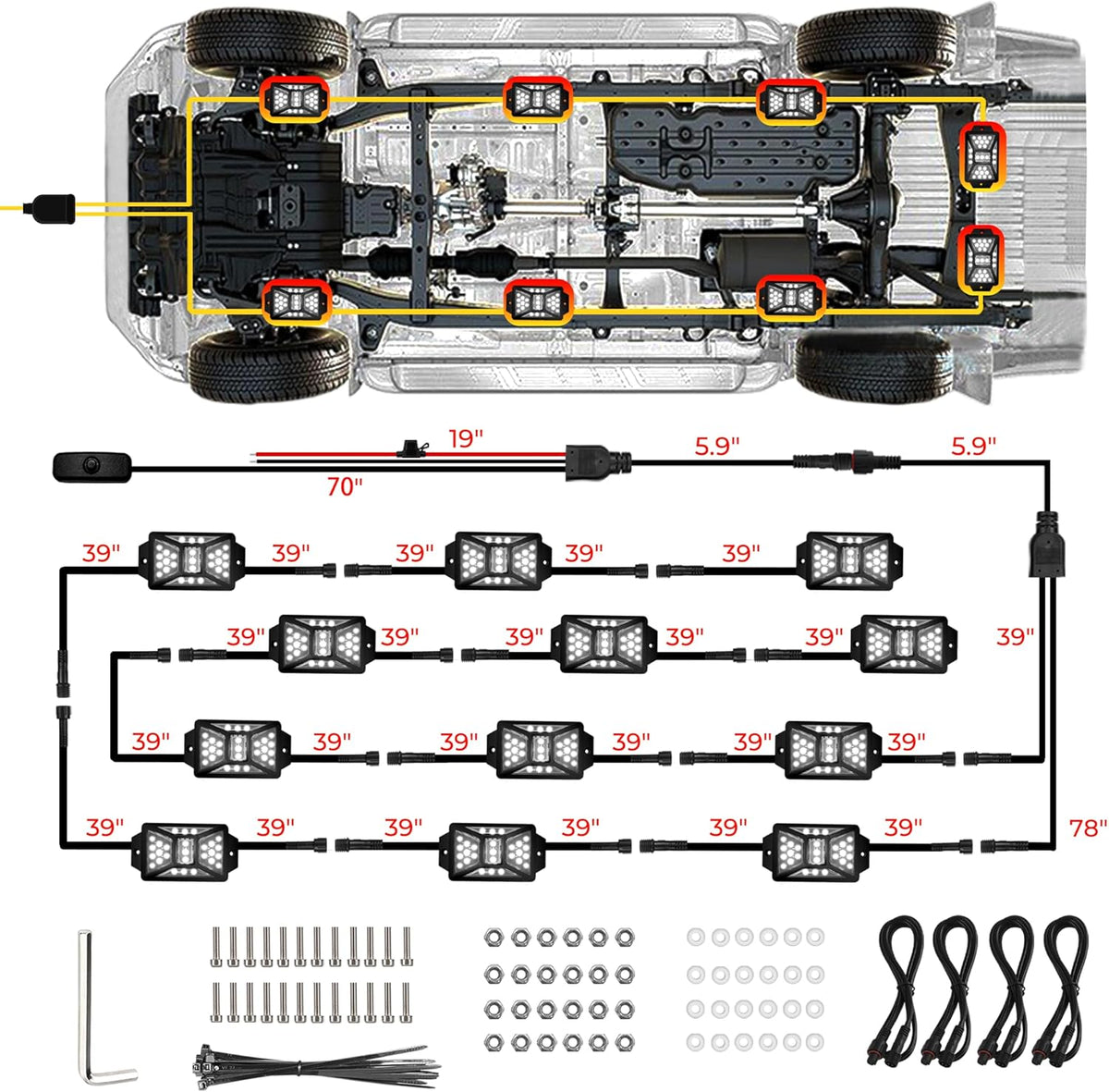 12 Pods Pure White LED Rock Lights Kit with Switch Wiring Harness,6500K 324 LEDs Bright Rock Lights for Trucks,Waterproof Underglow Light for Car Jeep Off Road ATV UTV SUV