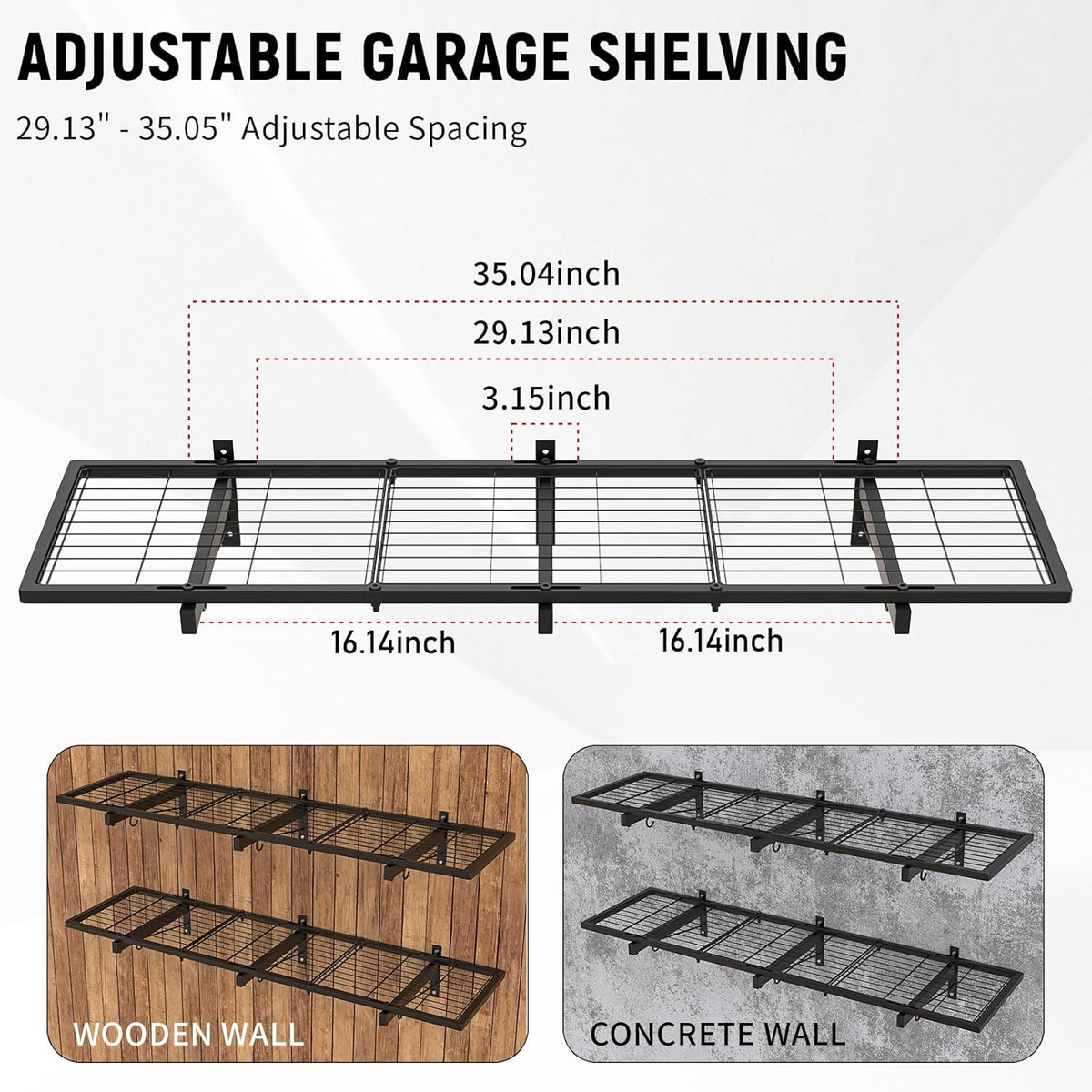 2 Pack Garage Wall Shelves, 46"X 12.5" Garage Shelving Wall Mounted, Heavy Duty Wall Shelf Organizer with 8 Hooks, Black Floating Storage Metal Rack 320 LBS Capacity for Laundry Room, Office, Basement