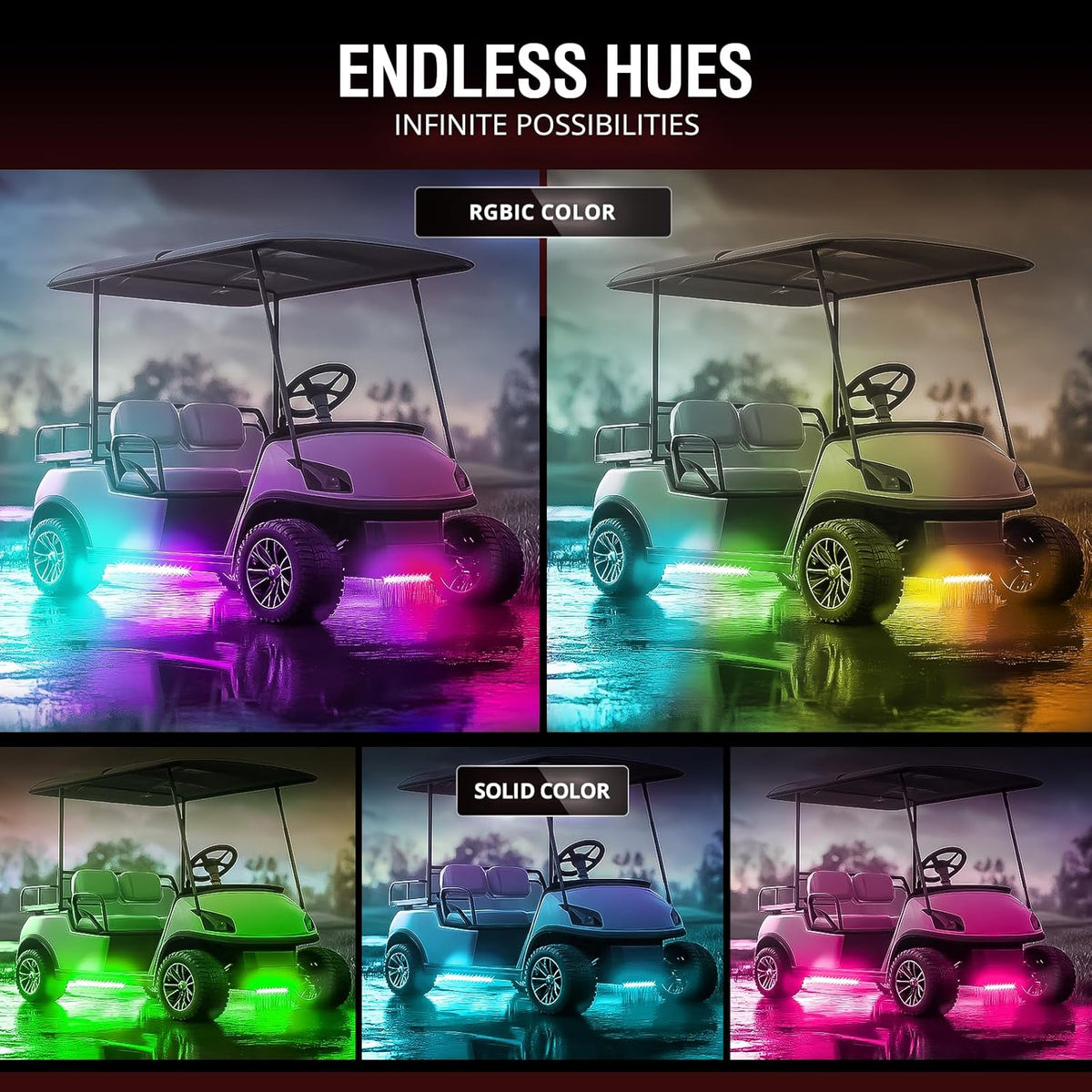 OPT7 Aura DreamColor Underglow Chasing Lights for Golf Cart w/APP & Remote Control, Waterproof Rigid Aluminum Light Bar, Decorative RGB-IC Car LED Lighting Kit, EZGO Yamaha Club Car Universal Fit