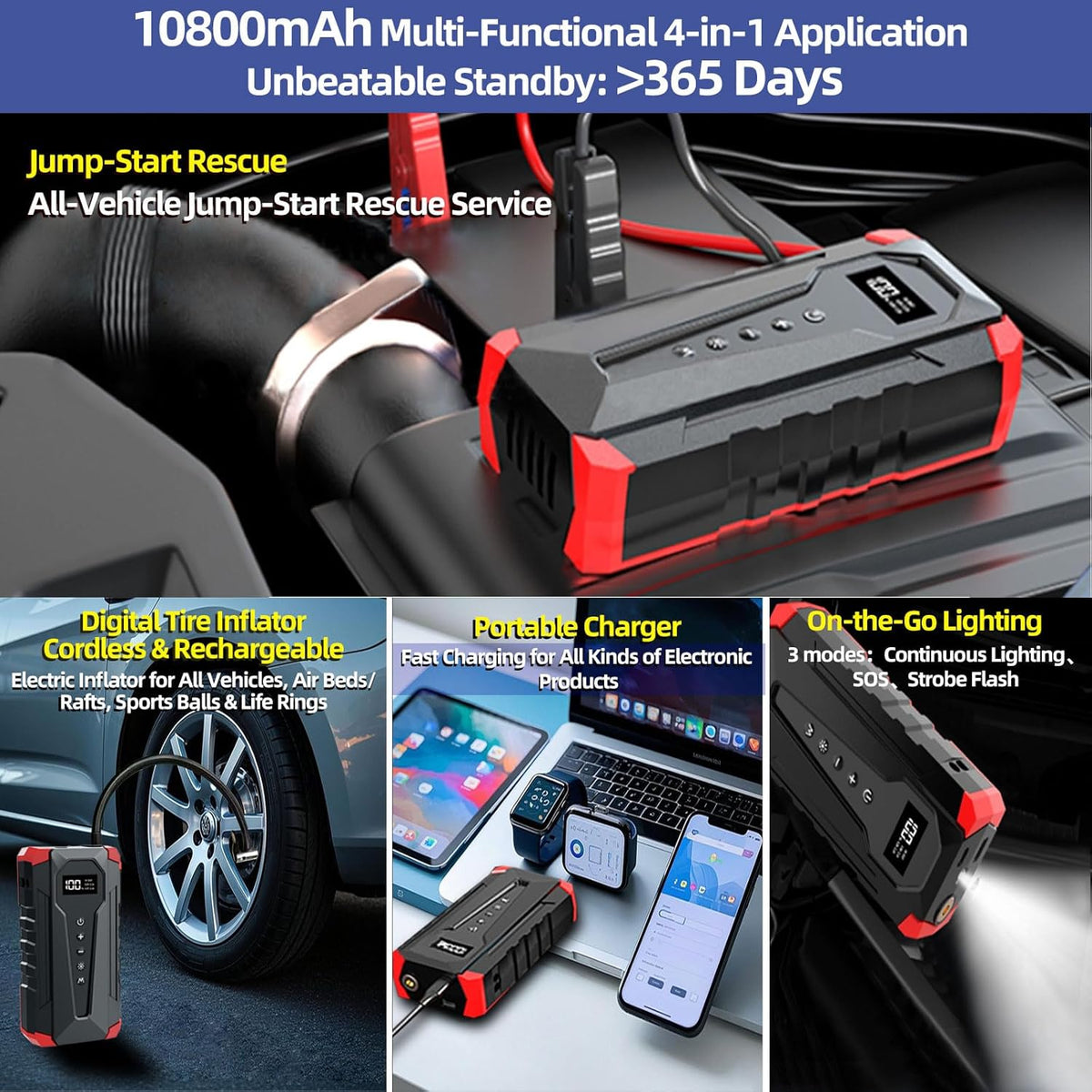 10800mAh Car Jump Starter with Air Compressor and USB/Type-C Charger, UL-Certified Portable Power Station for Cars