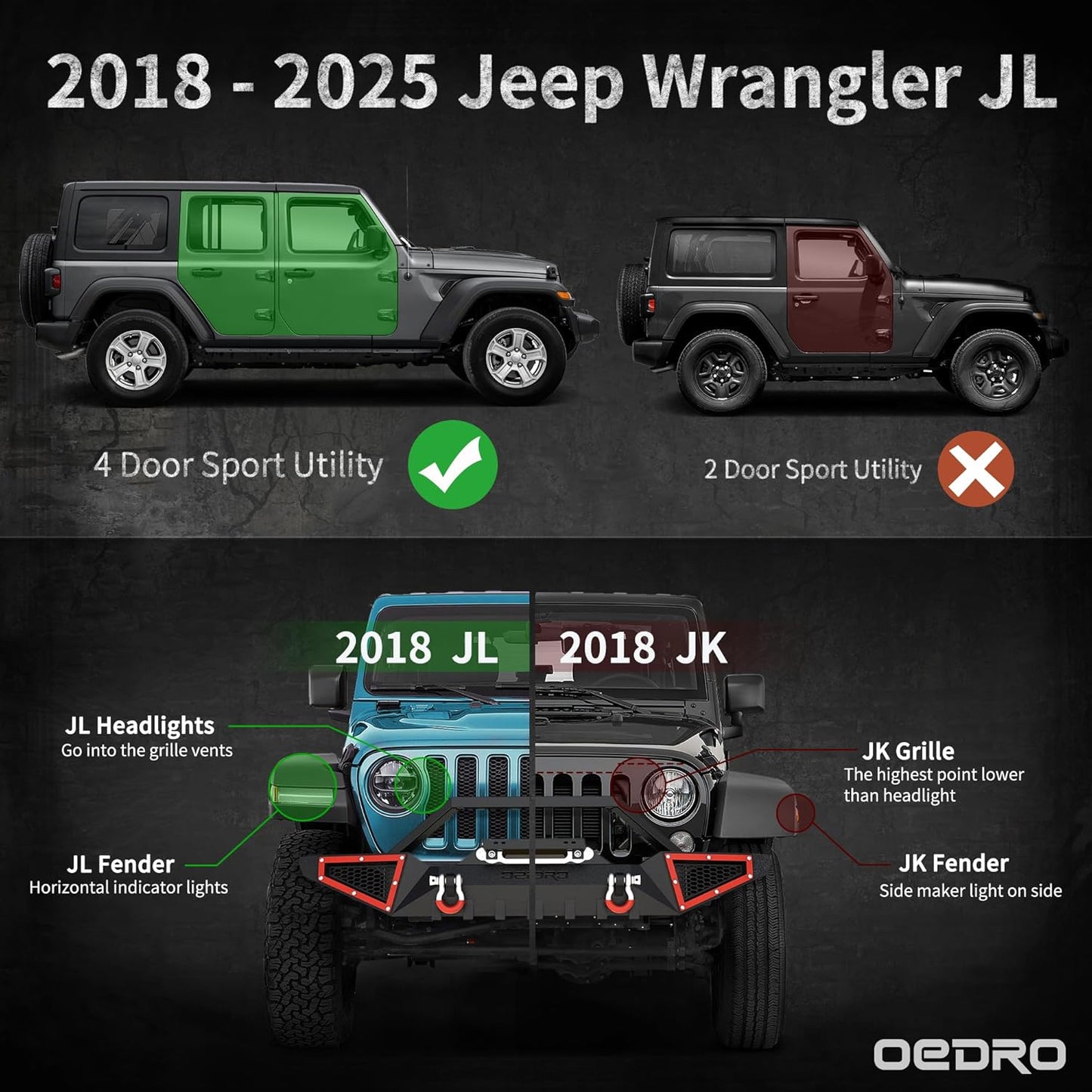 OEDRO Running Boards with Two Stairs Design All-Steel Build, Bolt-on Side Steps Compatible with 2018-2025 Jeep Wrangler JL 4 Door, Black Powder Coated Nerf Bar