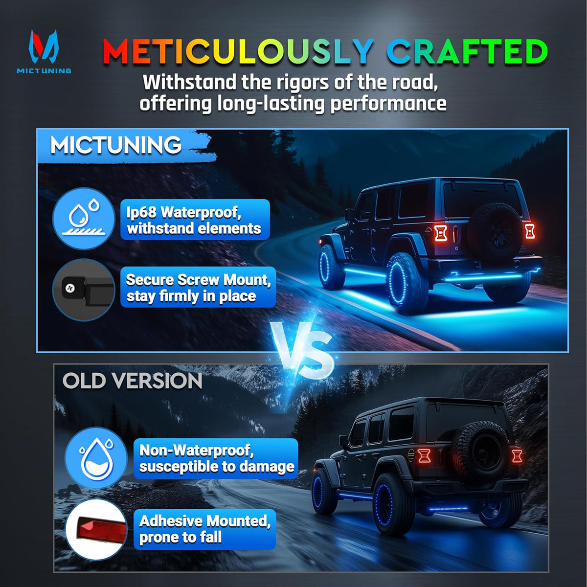 MICTUNING 8Pcs N8+ RGBW Underglow LED Lights for Cars, APP & Remote Dual Control, IP68 Waterproof Aluminum Multicolor Modes Music Soundsync Exterior Neon Accent LED Light Bar, 2 Years Warranty