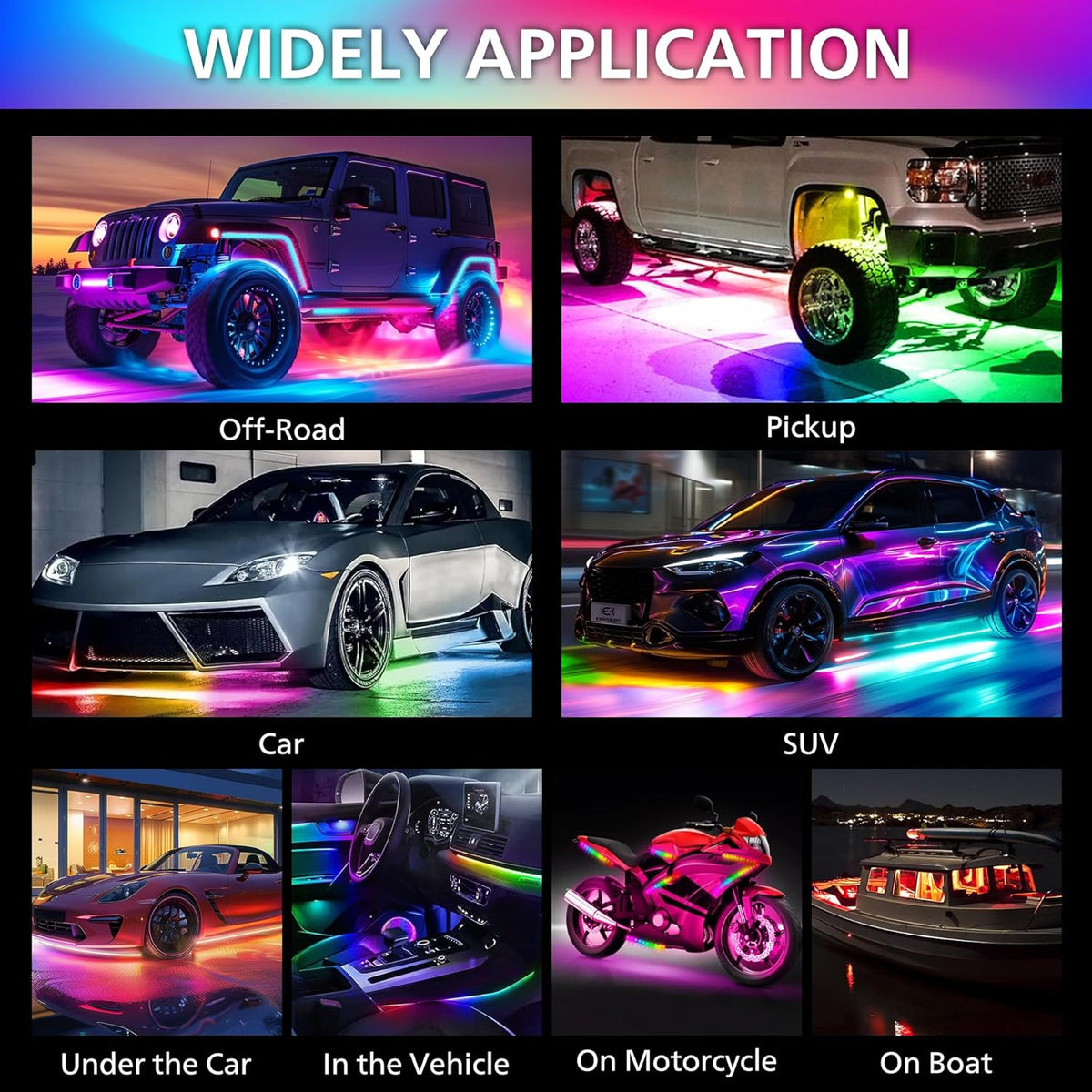 Underglow LED Lights for Cars 180 LEDs RGBI Neon Accent Strip Lights with App 16 Million Colors DIY & Music Mode Underbody Exterior Lights Kit for RV SUV Truck Boat 12V
