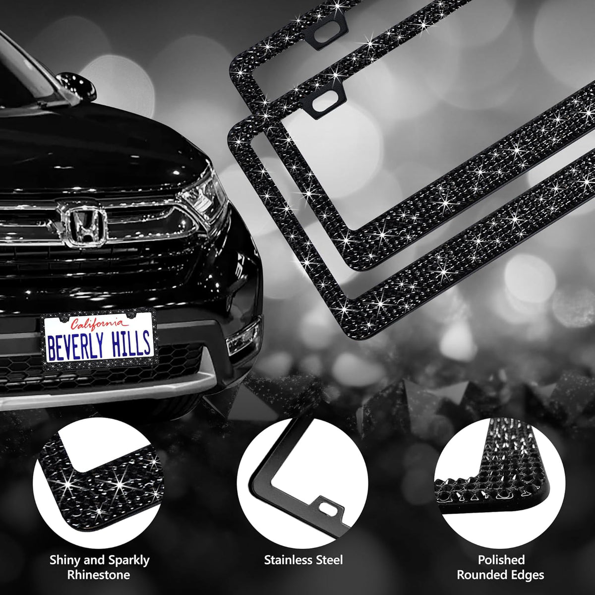 2 Pack Black Bling License Plate Frames for Women - Stainless Steel with Diamond Sparkly Rhinestone License Plate Holders - Perfect Birthday for Auto Lovers