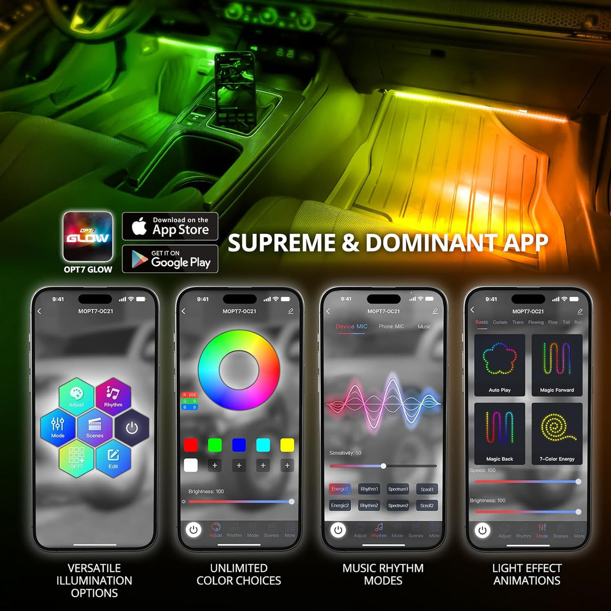 OPT7 Aura DreamColor RGB-IC LED Car Interior Light Strips, 4PC Interior Ambient Lighting Kit, Color Chasing Light Kit w/APP Control & Wireless Remote, Universal for Vehicles SUV Trucks Pickups Van
