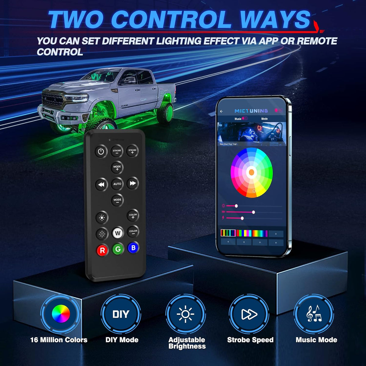 MICTUNING Q1 RGBW Rock Lights, 12 Pods Pure Color Underglow Neon Multicolor Lighting with Wiring Switch Kit, Bluetooth Controller, Remote Control, Music Mode for Trucks Car ATV UTV Golf Cart