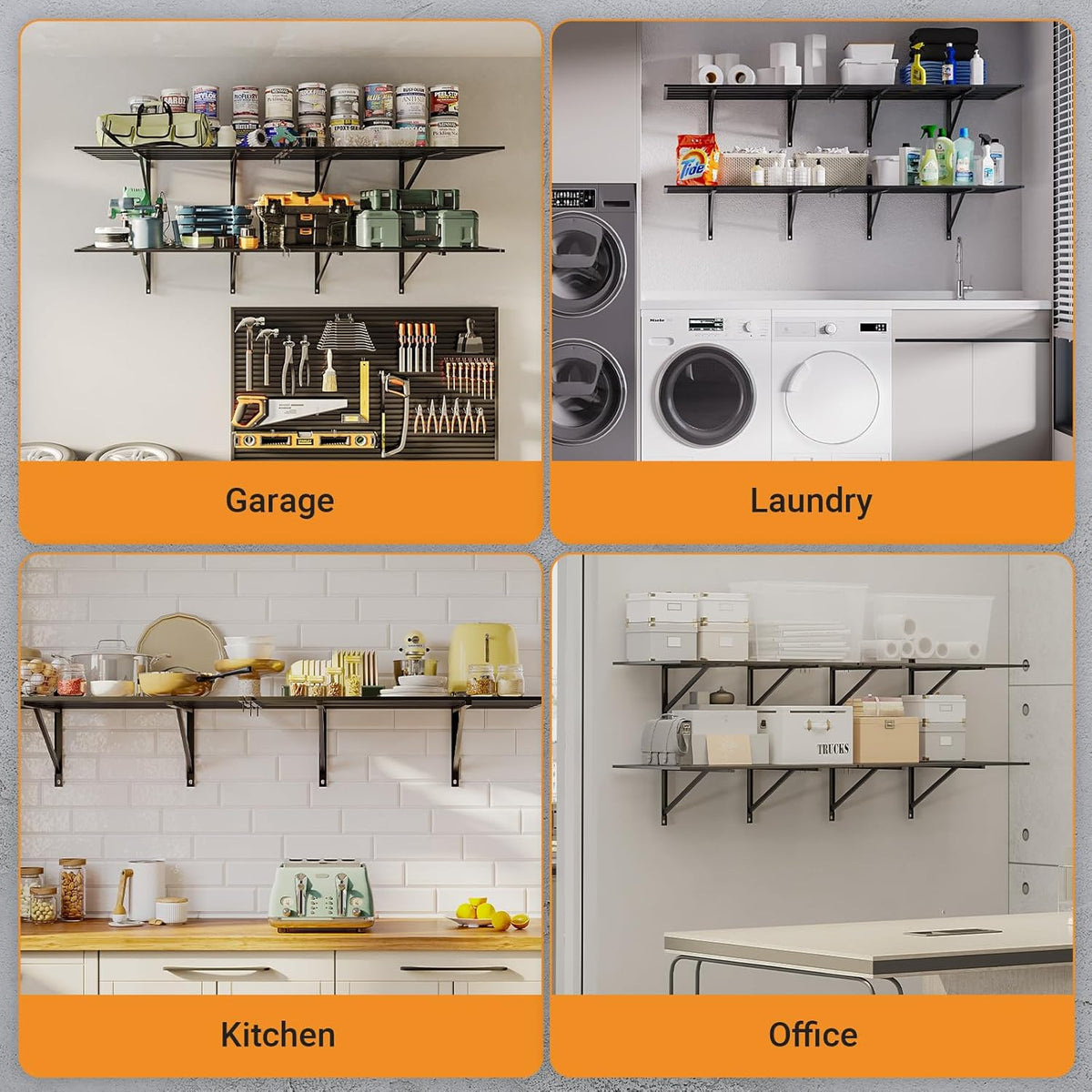 Solid 2x6 ft Garage Storage, 2 Pack 1600 lbs Total Weight Capacity, Heavy Duty Wall Mounted Shelving for Home, Kitchen & Pantry, Black