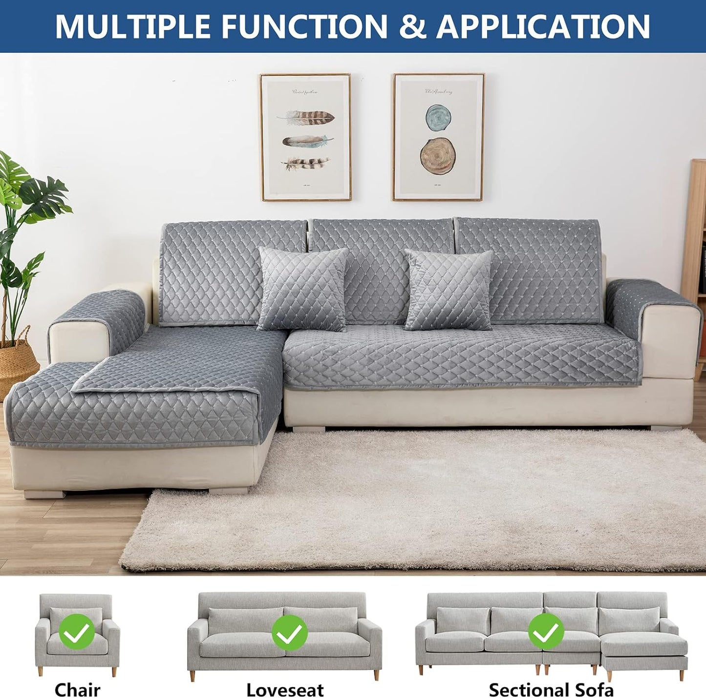 Eismodra Couch Cover,Sectional Couch Covers,Sofa Covers for 3 Cushion Couch,Anti-Slip Sofa Slipcovers for Dogs Cats Kids Loveseat Recliner L Shaped Armrest Backrest,Light Gray 43''x82''(Only 1 Piece)