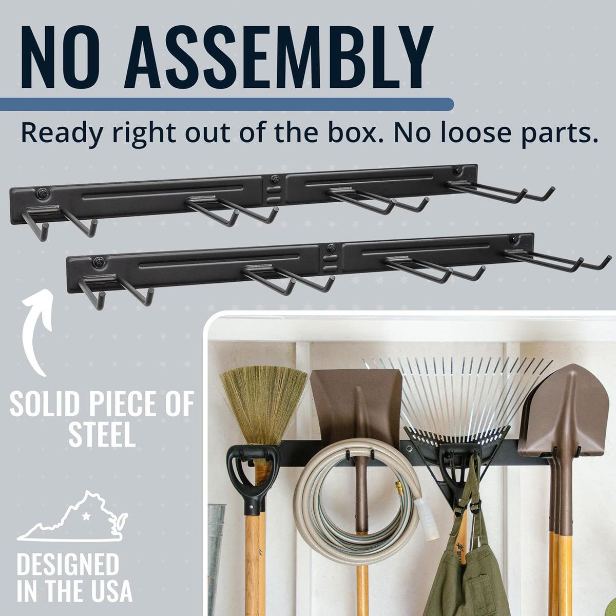 StoreYourBoard Wall-Mounted Rack With 4 Garage Hooks – Heavy-Duty Steel Holder Garage & Garden Storage for Shed, Workshop, or Home Organization – For Rakes, Shovels, Tools & More – 2 Pack, Black