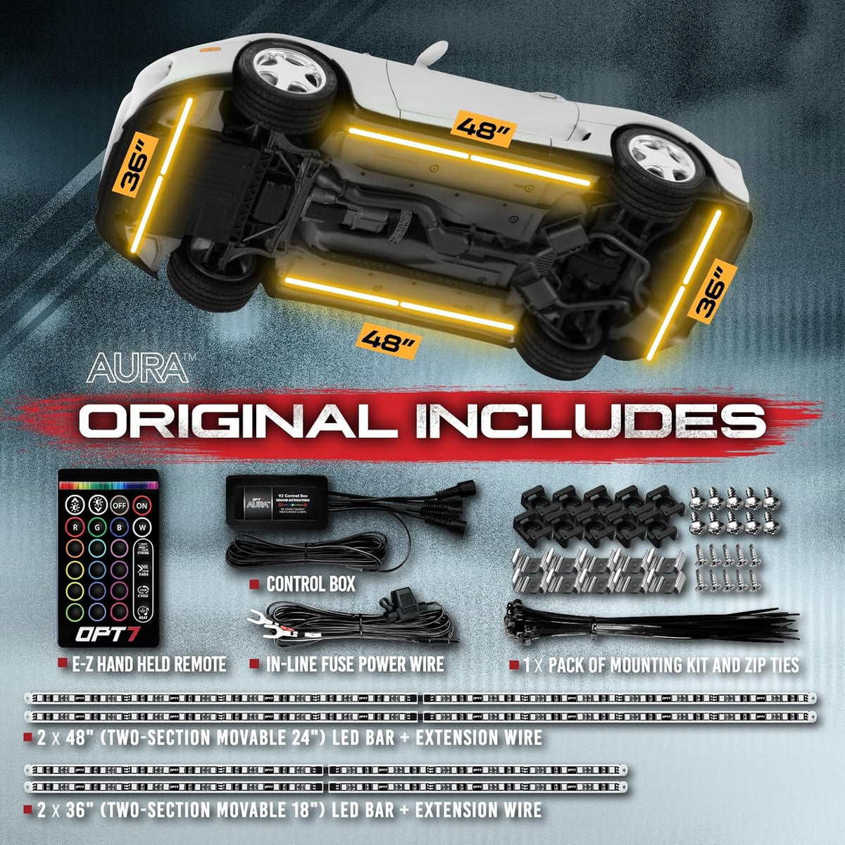 OPT7 Aura Aluminum Underglow LED Lighting Kit for Truck with Remote Control, Exterior Neon Accent Underbody Strip, Multicolor Mode, Waterproof, Soundsync, Aluminum Casing, Door Assist, Smart LED