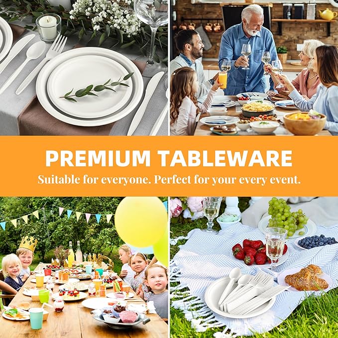 100% Compostable Disposable Spoons, 6.7" 150pcs Heavy Duty Utensils Eco-Friendly Cornstarch Cutlery Durable and BPI-Certified Party Supplies No Plastic, Ivory White