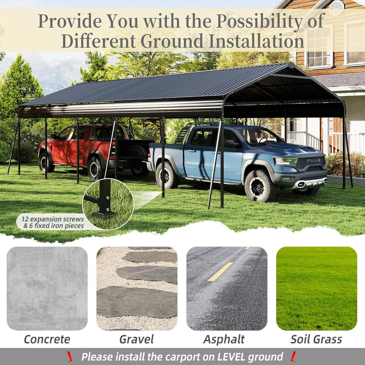 13x26.5 FT Metal Carport, Heavy Duty Car Port Canopy with Galvanized Steel Roof & Frame, Oversized Metal Carport Kit with Hooks, Outdoor 2 Car Garage, Steel Car Shelter for Car, Boat, Truck, Dark Gray